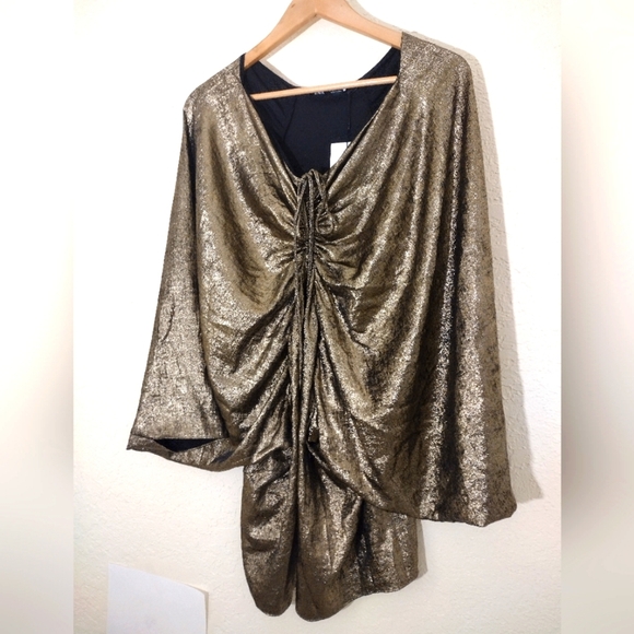 Zara Black And Gold Draped Balloon Mini Dress - Picture 6 of 11